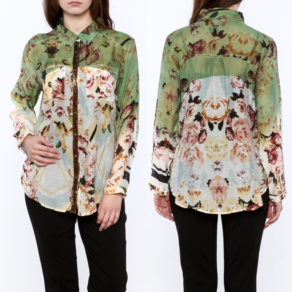Aratta multicolor semi sheer floral print button down blouse